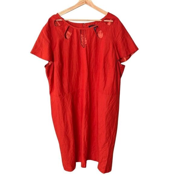 Ashley Stewart Plus Size 24 Reddish Orange Linen Cutout Knee Length Party Dress - Picture 2 of 5